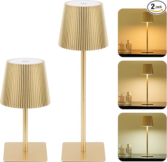 LUTEC 2 Pack Cordless Table Lamp,6000mAh Rechargeable Battery Operated Desk Lamp,Two Adjustable Heights,Waterproof, Touch Control & 3 Color Stepless Dimming for Restaurant/Bedroom/Bars/Outdoor (Gold)