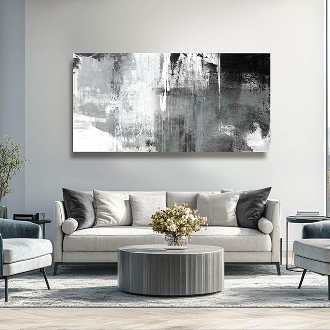 Kureful Black And White Wall Paintings Abstract Wall Decorations Canvas Prints Poster Wall Art 24”x48” Home Decor Grey Artwork Painting Pictures for Living Room Dinning Room