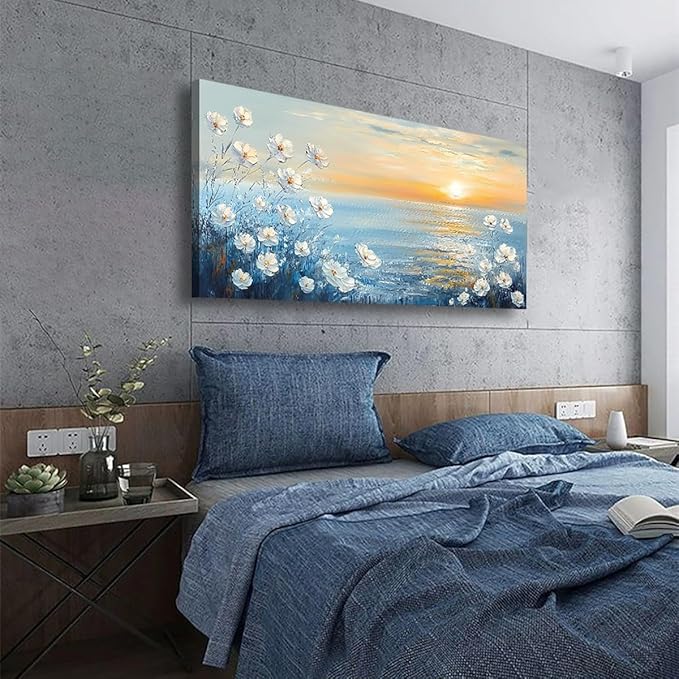Seascape Pictures Canvas Wall Art for Living room Office Bedroom Wall Decor, Natural Landscape Wall Art Print Modern Noble White Flower Oil Painting Artwork Waterproof Ready to Hang-20x40inch