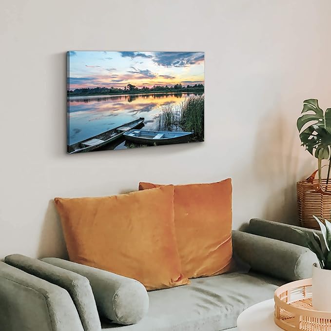 Lake Landscape Canvas Wall Art: Modern Relaxing Sunset Skyline Painting Simple Natural Boat Reed Print Wilderness Clear Calming Water Scenery Picture Green Forest View Gallery Artwork for Bedroom