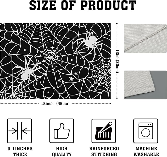 Halloween Placemats 12×18 Inches Set of 4 Spiders Black White Spiderweb Seasonal Holiday Indoor Kitchen Dining Table Place Mats for Home Party Decoration
