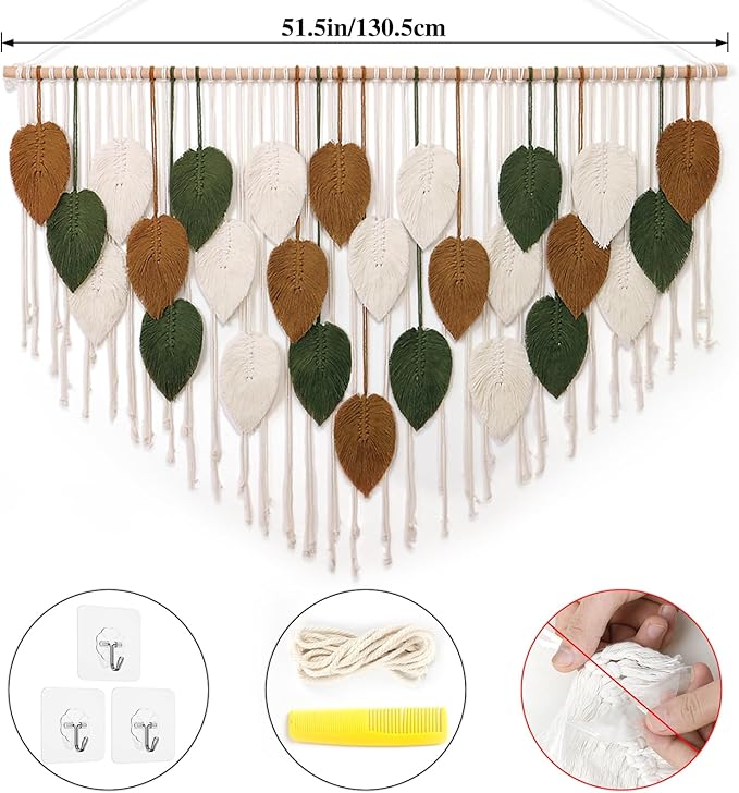 KHOYIME Large Macrame Wall Hanging Boho Woven Tapestry, Chic Home Decor Modern Bohemian Handmade Leaf Feather Wall Art Decorations for Apartment Living Room Bedroom Nursery Backdrop 51.5" W X 33.5" L