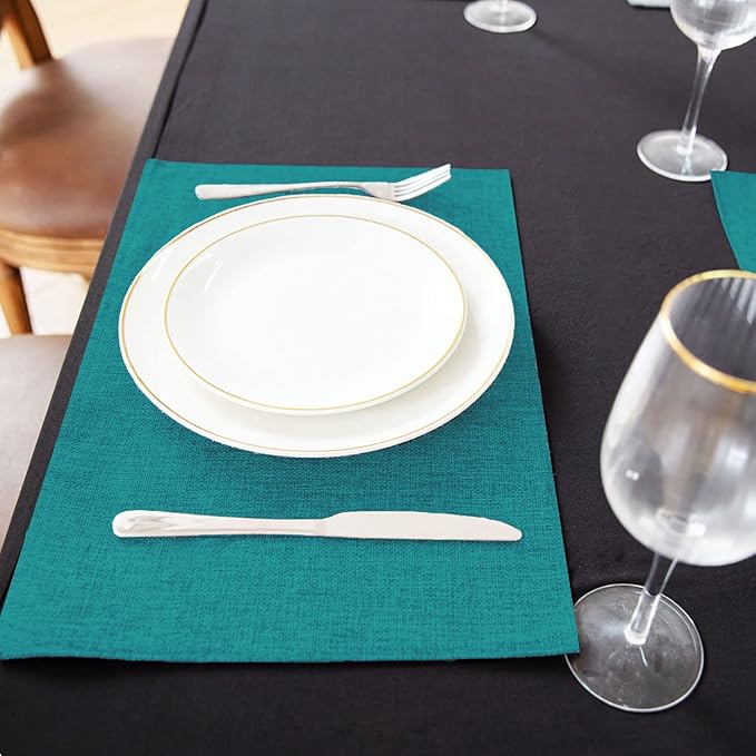 Cloth Placemats Set of 8, Linen Type Fabric Placemats Machine Washable Heat Resistant Placemats Wrinkle Free Thick Polyester Kitchen Place Mats for Dining Table (Teal Blue)