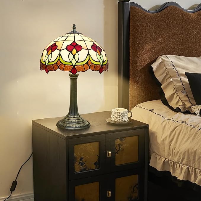 Red Tuilp Tiffany Lamp Stained Glass Table Lamps Antique Vintage Style Bedside Nightstand Nightstand Decor Living Room Bedroom Office Home Retro Bar Hotel 12 Inch Unique Flower Reading Desk Lamps
