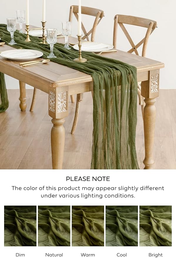 Ling's Moment 14Ft x 35" Wide Olive Moss Green Gauze Semi-Sheer Table Runner Cheesecloth Tablecloth for Wedding Party Bridal Shower Boho Table Decor Moss Green