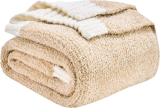 CozeCube Melange Blanket, Ultra Soft Khaki Tan and White Throw Blanket, Warm Cozy Knit Fuzzy Plush Reversible Throw for Couch Bed Sofa, 50"x60"