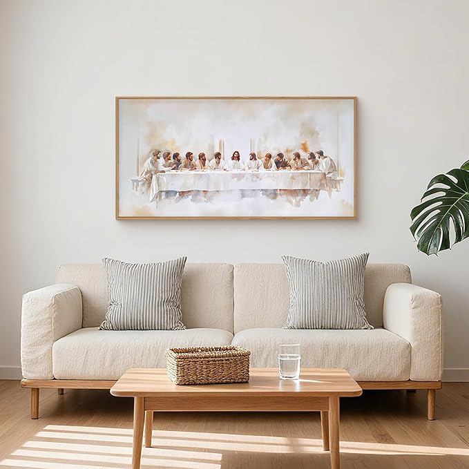 KAIRNE Jesus Last Supper Framed Canvas Wall Art Set, Christian Twelve Apostle Wall Decor, Bible Renaissance Wall Painting, Religious Picture Art Print for Living Room, Bedroom, Church, Large 20"x40"