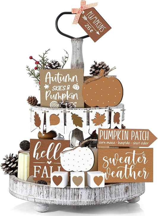 Sumind 15 Pcs Fall Tiered Tray Decor Set Fall Decorations for Home Autumn Wood Signs Thanksgiving Orange Brown Table Signs Farmhouse Wooden Maple Pumpkin Gnomes Tabletop for Festival(Leaf)