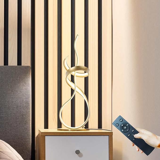 Gold Art Spiral 24W LED Table Lamp with Touch Remote Dimmer, 22" Unique Creative Stylish Smart Lamp, LED Desk Lamp for Dining Room, Bedroom, Bedside, Restaurant, Bar (Gold)