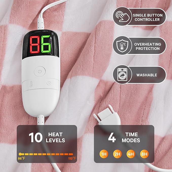 Light Pink Heated Blanket Electric Throw, 50X60 Heating Blanket with 10 Heat Levels & 8 Hours Auto Off for Lap, Checkered Plaid Soft Sherpa Blankets Warmer Gifts for Couch Grandma Women Adults, ETL