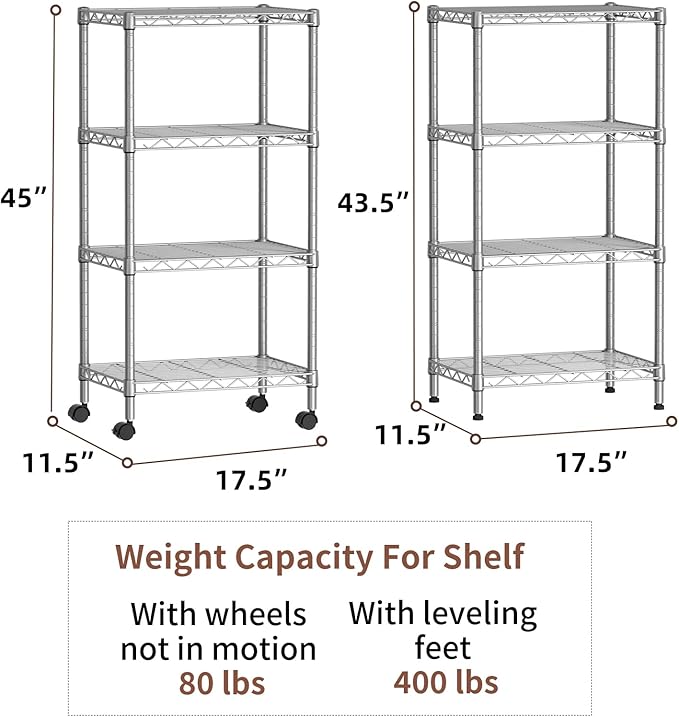SINGAYE 4 Small Shelves Storage Shelf Wire Shelving Unit Metal Shelf Adjustable Organizers Storage Shelving with Wheels for Bathroom Laundry Room Kitchen Pantry