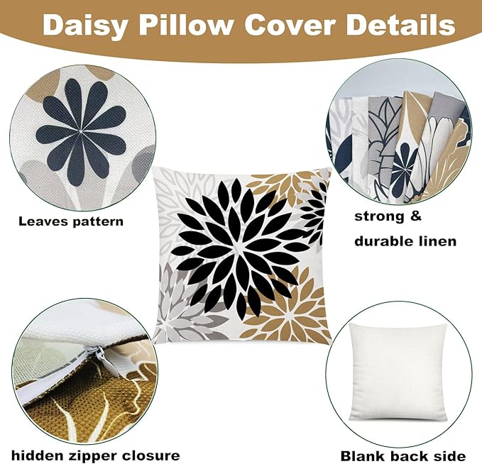 Brown Black Pillow Covers 16x16 Set of 6, Daisy Flower Throw Pillow Cover Case Rustic Square Cushion Cover for Sofa Bedroom Living Room Farmhouse Home Decor