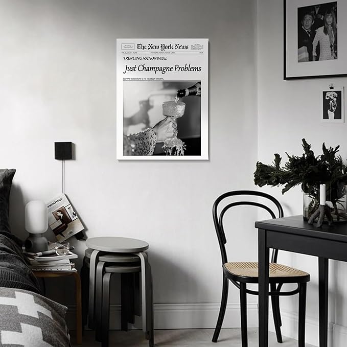 Champagne Problems Newspaper Framed Wall Art,Trendy Retro Black and White Wall Art for Bar Cart Bathroom Apartment Kitchen Dorm Dining Decor Funky Vintage Celebrate Poster for Home Wall Artwork 12x16
