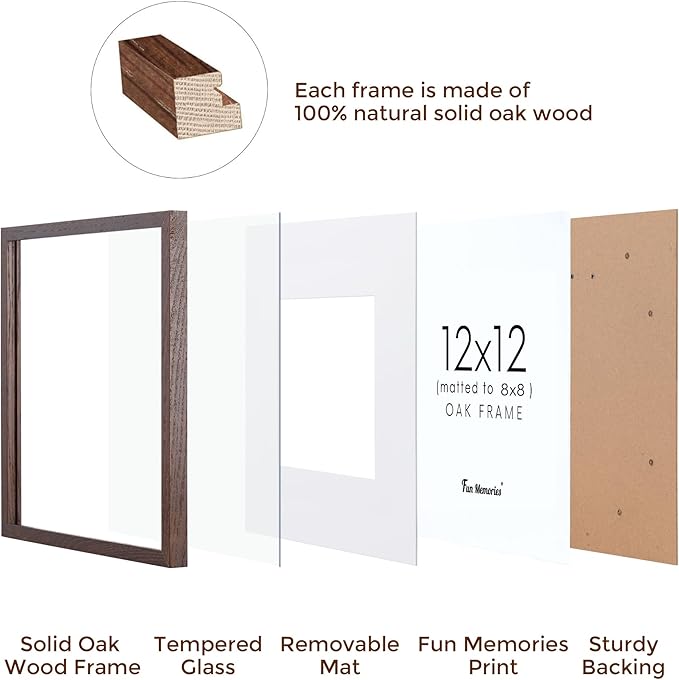 Fun Memories 12x12 Picture Frame in Walnut, 12 x 12 Frame Set of 3, Rustic Oak Wood Frame 12 x 12 for Wall, 12x12 Frame display 8x8 Picture with Mat, Tempered Glass, Wall Collage Frame 12 by 12