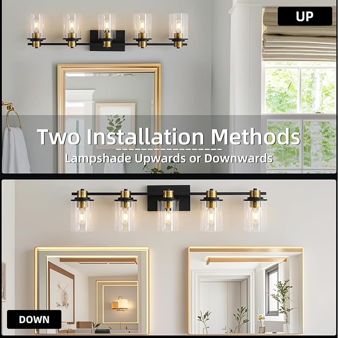 LOUSACE Bathroom Lighting Fixtures Black and Gold 5 Light Bathroom Vanity Light Over Mirror with Clear Glass Shades, Brushed Gold Socket Wall Vanity Lighting Fixtures for Bedroom Living Room