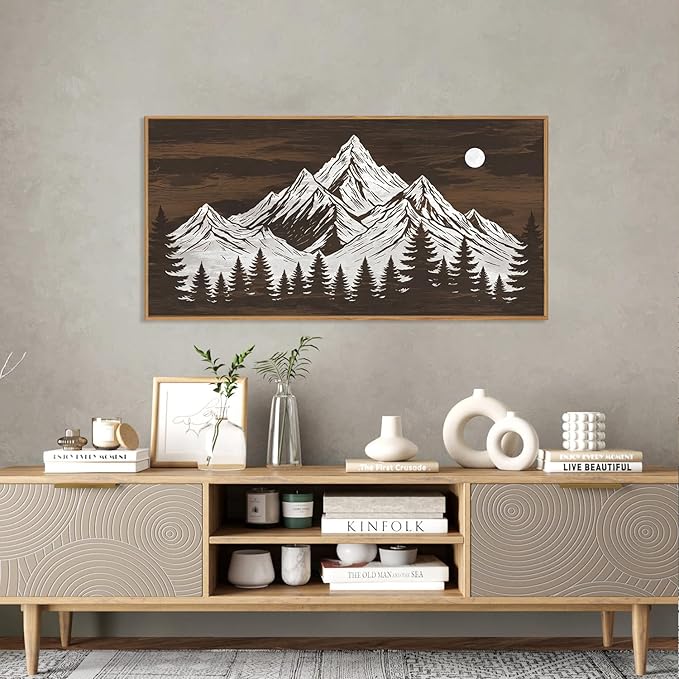 KAIRNE Wooden Mountain Tree Framed Canvas Wall Art Set, Country Wood Forest Wall Decor, Woodcut Pine Tree Wall Painting, Nature Farmhouse Zen Art Prints for Living Room, Bedroom, Office - 20"x40"x3
