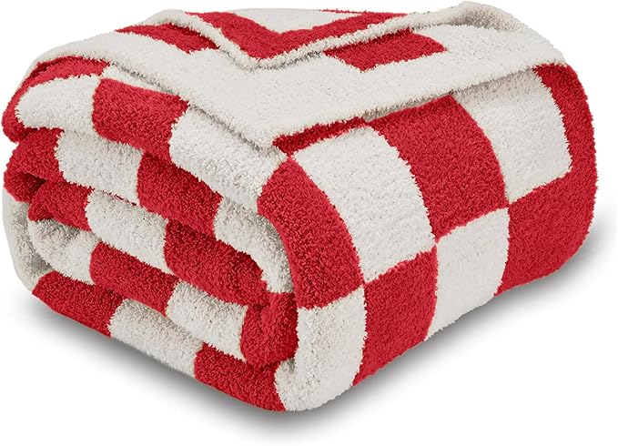 CozeCube Checkered Blanket, Ultra Soft Cozy Christmas Red and White Throw Blanket, Warm Cozy Knit Fuzzy Plush Checkerboard Throw for Couch Bed Sofa, 60"x80"