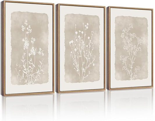 KUVIOKE Boho Botanical Flower Wall Art Framed Vintage Floral Wall Prints Wildflower Neutral Rustic Bohemain Artwork Kitchen Bedroom Decor 11x14in (Natural Framed)