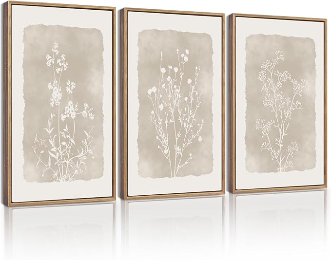 KUVIOKE Boho Botanical Flower Wall Art Framed Vintage Floral Wall Prints Wildflower Neutral Rustic Bohemain Artwork Kitchen Bedroom Decor 12x16in (Natural Framed)