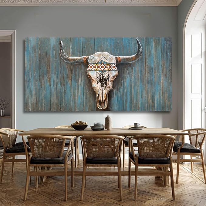 Cow Home Decor White and Blue Wall Art Modern Wall Decorations 29"x58" Large Artwork for Living Room Office Poster Printing