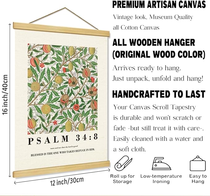 Christian Canvas Poster, Psalm 34:8 Canvas Poster Wood Hanger, Christian Wall Art, Bible Verse Posters, William Morris Prints Decor, Modern Canvass Posters Decors, Home Decor Accent