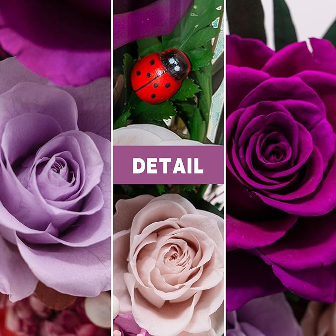 Forever Flowers with Symbolic Ladybugs: Preserved Flowers Gift for Women-Romantic Table Centerpiece-Valentines, Anniversary, Mothers Gifts for Her-Flowers for Delivery Prime (Purple)