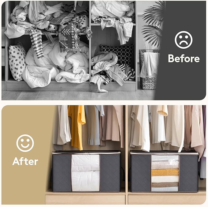 Lifewit 3 Packs Clothes Storage Bag, Storage Bins for Clothes, Blankets, Comforters, Foldable Clothing Storage with Reinforced Handle, Sturdy Zipper, Closet Organizer With Clear Window, Gray