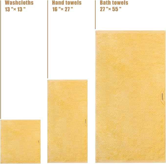 SEMAXE 18-Pack Bath Towel Set Include 6 Bath Towels, 6 Hand Towels, 6 Wash Cloths, 100% Cotton Bathroom Towels with Hanging Loops and Nano-Bio Lifecycle Labels, Soft and Absorbent Towel, Yellow