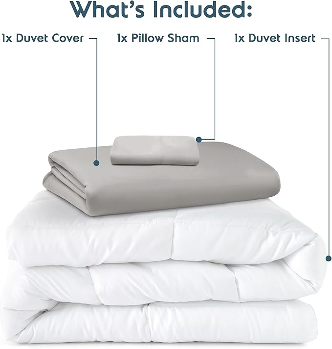 Nestl Twin Duvet Cover Set with Comforter Insert - Light Grey 3 Piece 68x90 Duvet Cover & 1 Pillow Sham with White Quilted Down Alternative Comforter, Ultra Soft, All Season