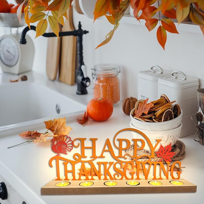 Happy Thanksgiving Metal Sign Rustic Table Decorations with Wooden Base, Tiered Tray Decor with 18pcs Tealights, Table Centerpieces Metal Word Sign for Fall Party Home Indoor Office Tabletop Mantel