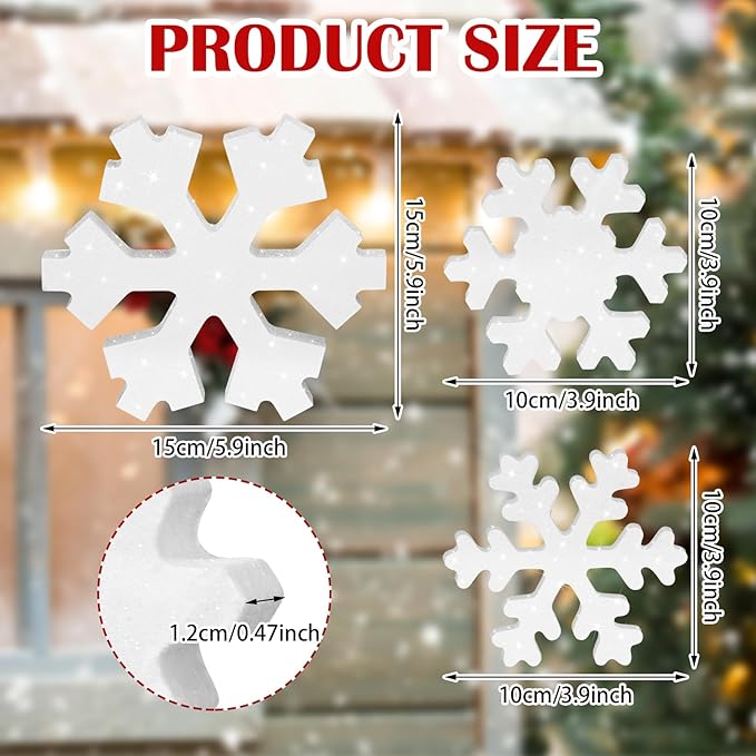 Bucherry 3 Pcs Winter Wooden Snowflake Decor Rustic Winter Snowflake Table Signs Wonderland Wood Blocks Farmhouse Christmas Tiered Tray Decorations for Xmas Table Shelf(Glitter White)