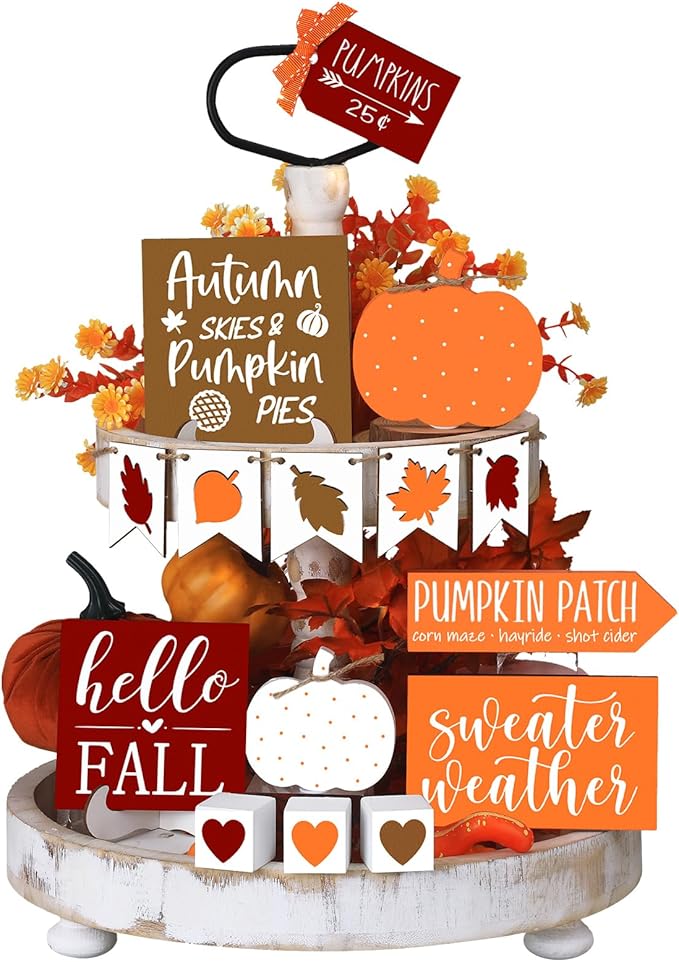 Sumind 15 Pcs Fall Tiered Tray Decor Set Fall Decorations for Home Autumn Wood Signs Thanksgiving Orange Brown Table Signs Farmhouse Wooden Maple Pumpkin Gnomes Tabletop for Festival(Autumn)