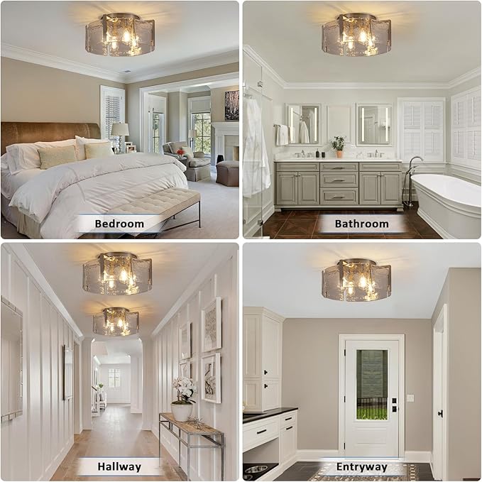 Modern Semi Flush Mount Ceiling Light Fixture, Nickel Hallway Light Fixtures Ceiling Mount, Dimmable Foyer Kitchen Lighting Fixtures Ceiling Lights for Bedroom Bathroom Dining Room Laundry Room