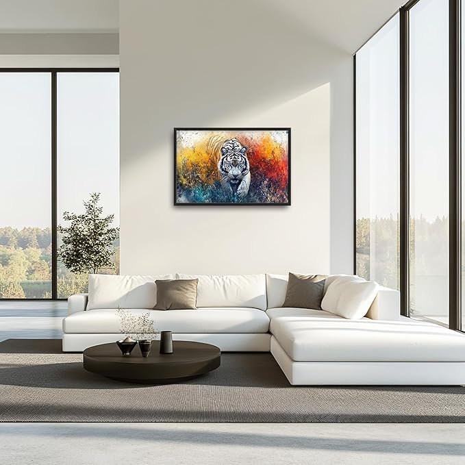 Extra Large Framed Abstract White Tiger Wall Art,Oversized Colorful Cool Tiger Wall Decor,Wild Animal Pictures for Living Room,Canvas Print Painting Modern Artwork Bedroom Office Bathroom 36L x24W