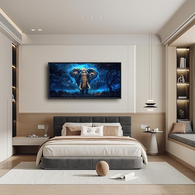 Flintis Large Elephant Wall Art Elephant Moon Wall Decor Abstract Animal Canvas Painting Print Artwork Decoration Framed for Living Room Bathroom Master Bedroom Office Dining Room 60L x 30W