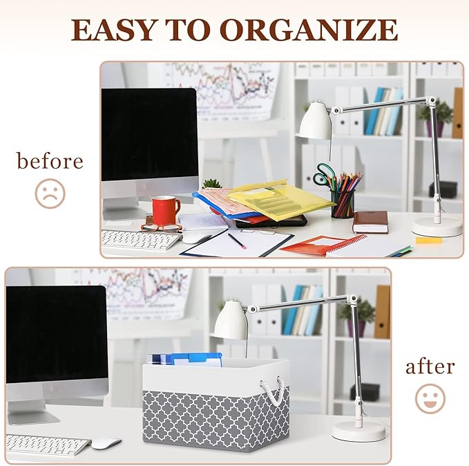 Fab totes Storage Bins [2-Pack], Foldable Storage Baskets for Organizing Toys, Books, Shelves, Closet, Large Storage Box with Rope Handles, Sturdy Organizer Bins,Clover Grey