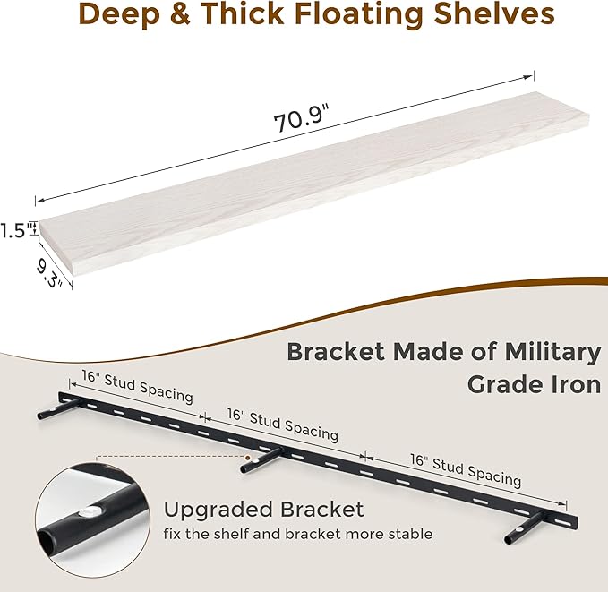 72 Inch Floating Shelves, 72 x 9.3 Rustic Wooden Fireplace Mantel, 9.3 Inch Floating Shelf for Wall, Farmhouse Wall Shelves for Home Storage & Display, Brich Color, Set of 1