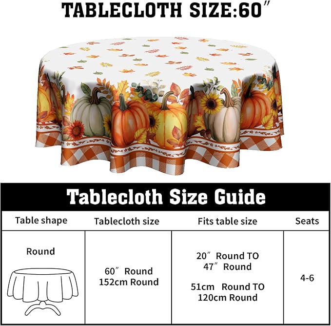 Kawani Fall Round Tablecloth 60 Inch Autumn Harvest Pumpkin Tablecloth Round Farmhouse Rustic Orange Maple Leaf Table Cover Thanksgiving Print Decorative Table Cloth for Home Kitchen Dining Party
