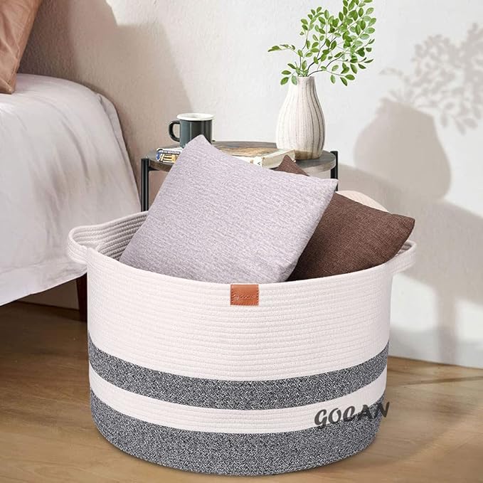 Extra Large Laundry Basket 22" X 22"X 14" XXXL Cotton Rope Woven Basket for Blankets Storage Basket with Handles for Living Room (Dark Grey/Beige)