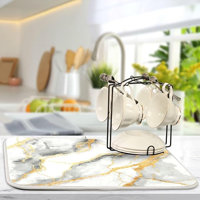 White Marble Dish Drying Mat for Kitchen Counter 16 x 18 Inch Gold Marbling Granite Absorbent Microfiber Dry Dishes Mats Drainer Mat Dish Drying Pad for Countertops