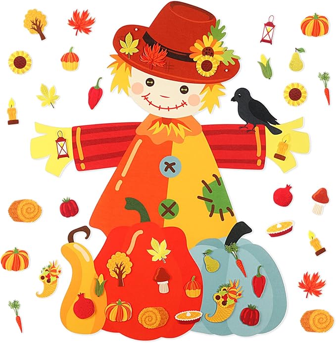 Thinkday 37-Piece Fall Thanksgiving Felt Craft Kit, DIY Pumpkin Felt Set DIY, Pumpkin 36 Detachable Fall Squirrel Pine Cones Corns Ornaments for Playing(Scarecrow)