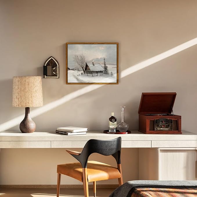 crmotu Framed Canvas Wall Art, Winter Scene Vintage Art Prints, Farmhouse Cottage Rustic Home Decorations, Snowy Cabin Pictures Wall Decor Living Room, Bedroom Kitchen Desktop Small Artwork 8x10in