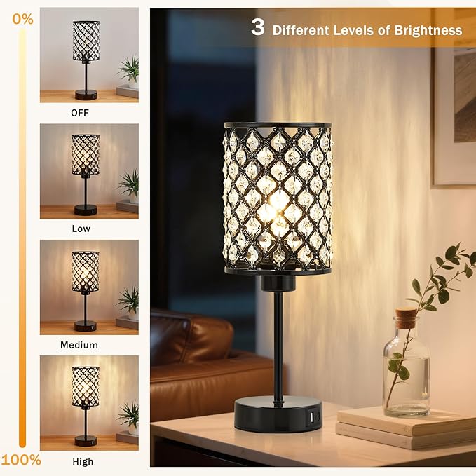 Touch Control Table Lamp, Black Crystal Table Lamps Set of 2 with 2 USB Charging Ports, 3-Way Dimmable Bedside Nightstand Lamps for Living Room, Bedroom, Guest Room, Bulbs Included