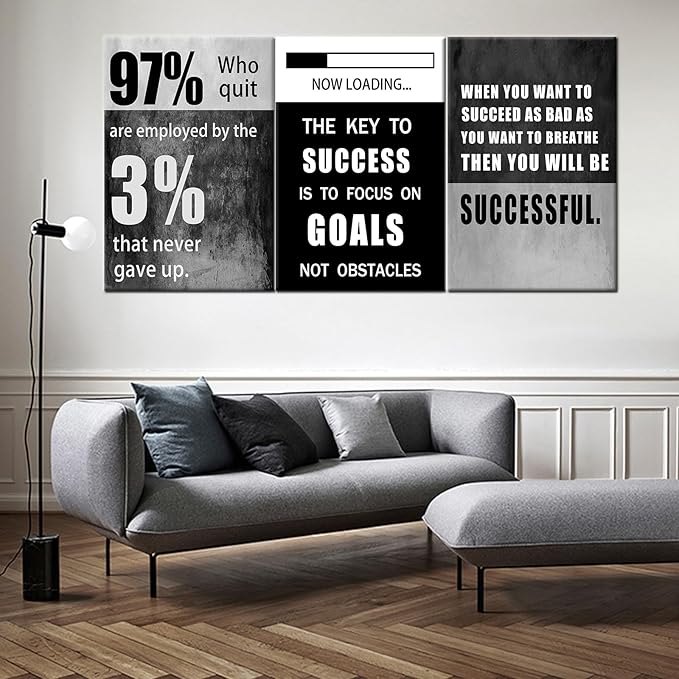 QYHART Motivational Poster Success Inspirational Wall Art Canvas Paintings 3 Piece Picture Artwork Living Room Prints Wall Decor Decoration Wooden Framed Ready to Hang [72''Wx 36''H]