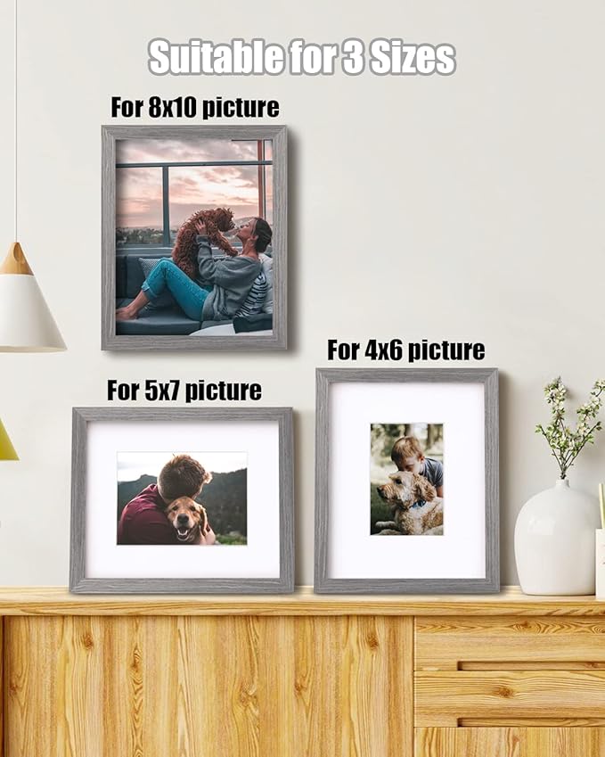 Egofine 8x10 Picture Frames Set of 4, Made of Solid Wood Covered by Plexiglass 4x6 and 5x7 with Mat or 8x10 without Mat, for Table Top Display and Wall Mounting Photo Frame Light Grey