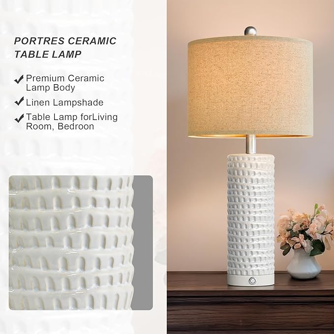 PORTRES 24" Modern Ceramic 3-Way Dimmable Touch Table Lamp Set of 2 for Bedroom White Farmhouse Bedside Lamps with USB A+C Charging Ports for Living Room Nightstand Lamp End Table Lamps