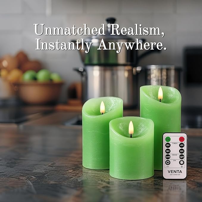 VENTA Green Real Wax Pillar Candles, Set of 3 | Battery Operated LED Candles with Remote | Fresh Spring & Nature Inspired Decor for Living Room, Spa & Botanical Themes