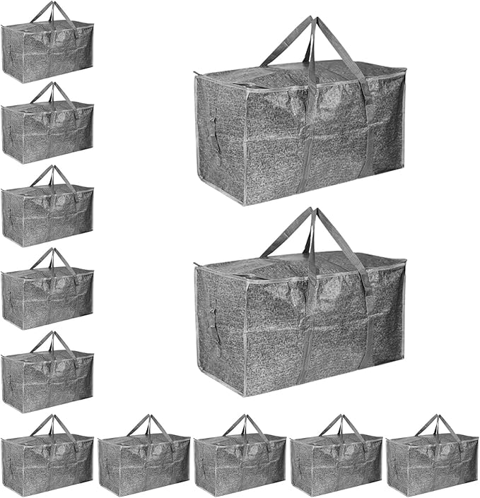 12 Pack-Extra Large Heavy Duty Moving Bags - Waterproof Storage Totes with Handles & Zippers, Foldable for College Dorm, Storage (Gray)