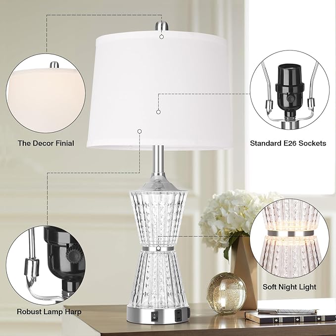 26" Modern Table Lamps, Set of 2 Table Lamp Night Light with 2 USB Charging Ports & AC Outlet, Bedside Nightstand Lamp White Shade for Living Room Bedroom Home Decor Silver(LED Bulbs Included)