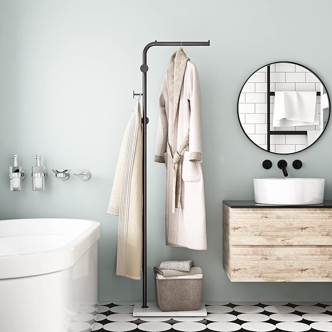 Black Coat Racks with White Base, Entryway Coats Racks Freestanding with 3 Hooks, L Shape Home Coat Hanger for Jackets, Coats, Hats, Clothes